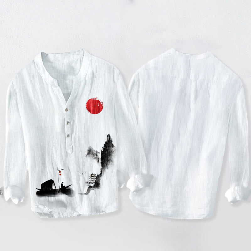 Cotton Linen Stand Collar Landscape Meditation Shirt