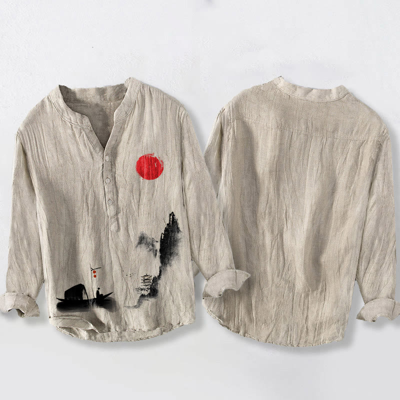 Cotton Linen Stand Collar Landscape Meditation Shirt