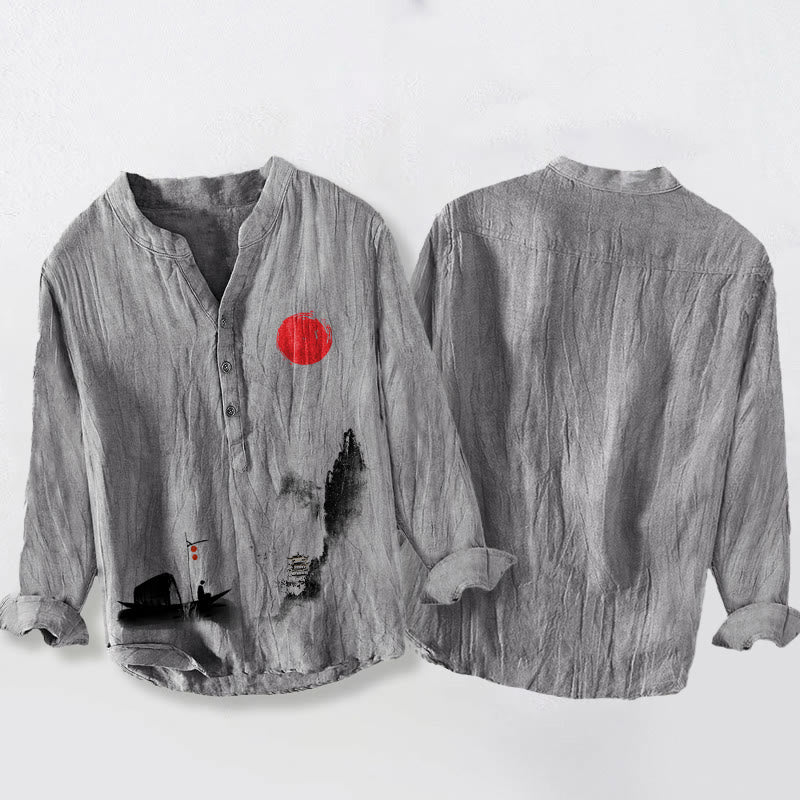 Cotton Linen Stand Collar Landscape Meditation Shirt