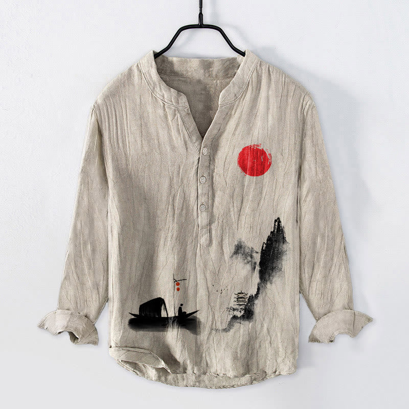 Cotton Linen Stand Collar Landscape Meditation Shirt