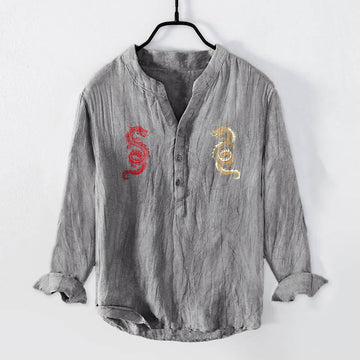 Cotton Linen Stand Collar Balanced Dragon Men's Shirt