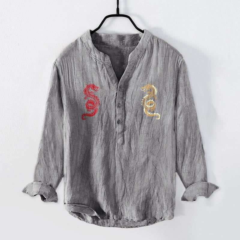 Cotton Linen Stand Collar Balanced Dragon Men's Shirt