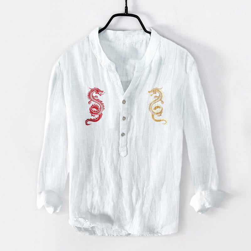 Cotton Linen Stand Collar Balanced Dragon Men's Shirt