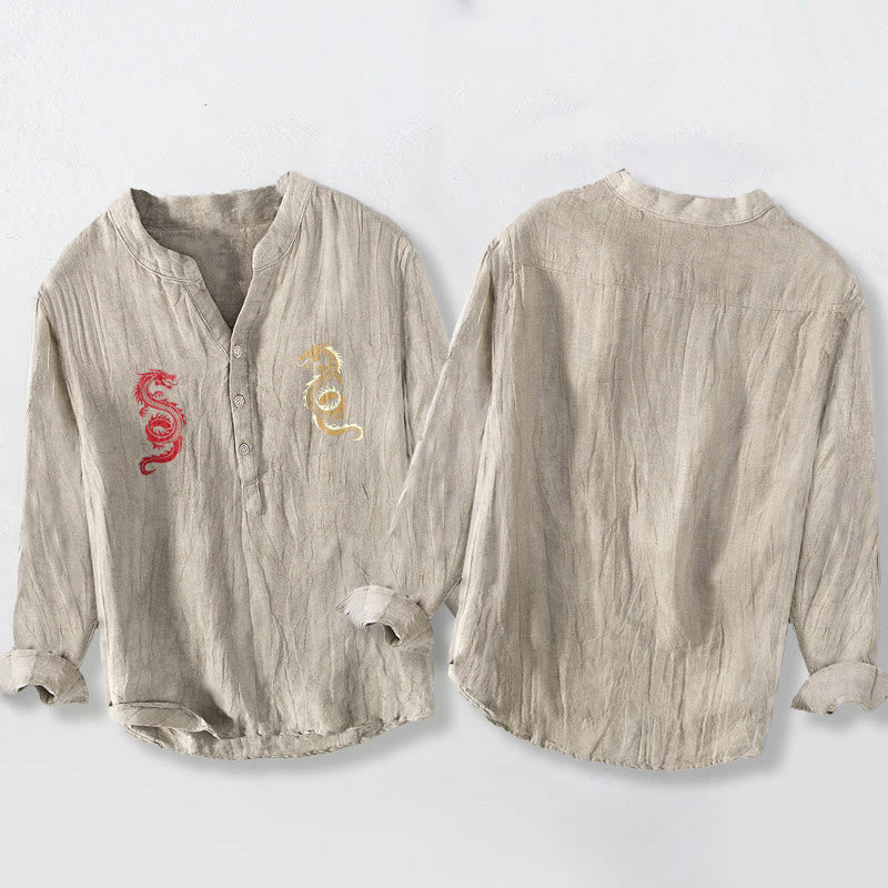 Cotton Linen Stand Collar Balanced Dragon Men's Shirt