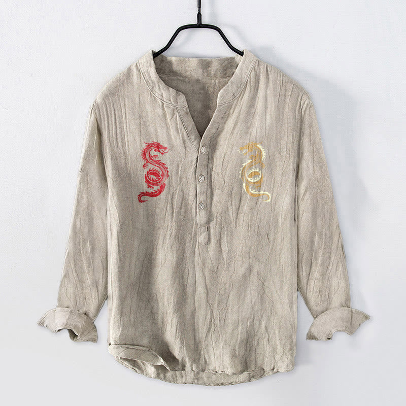 Cotton Linen Stand Collar Balanced Dragon Men's Shirt