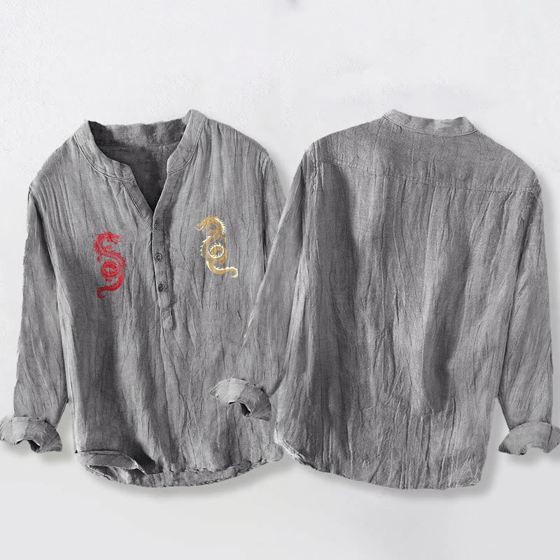 Cotton Linen Stand Collar Balanced Dragon Men's Shirt