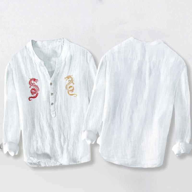 Cotton Linen Stand Collar Balanced Dragon Men's Shirt