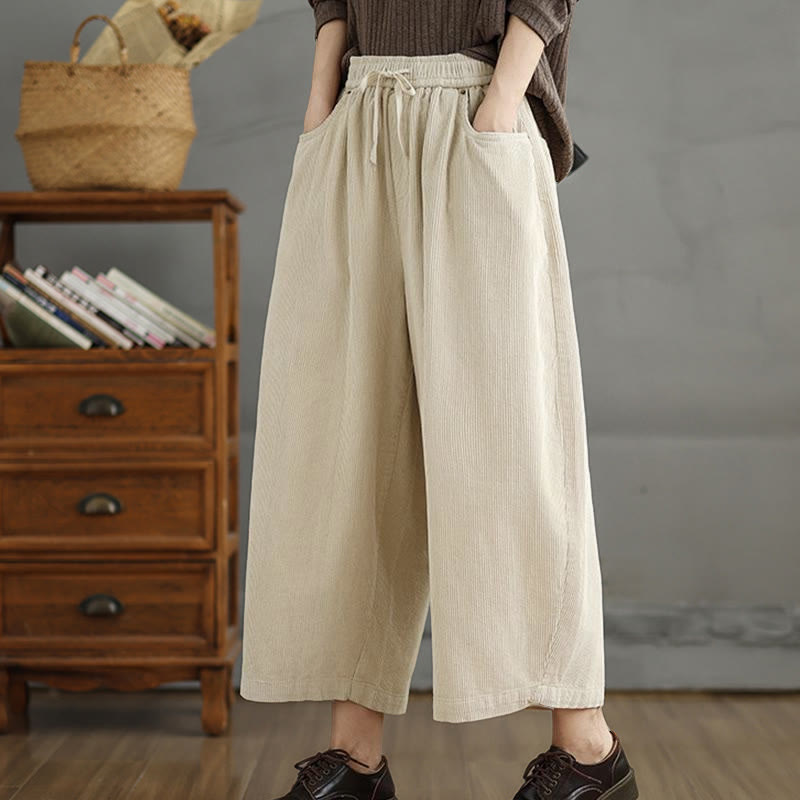 Women's Color Contrast Drawstring Design Corduroy Pants With Pockets