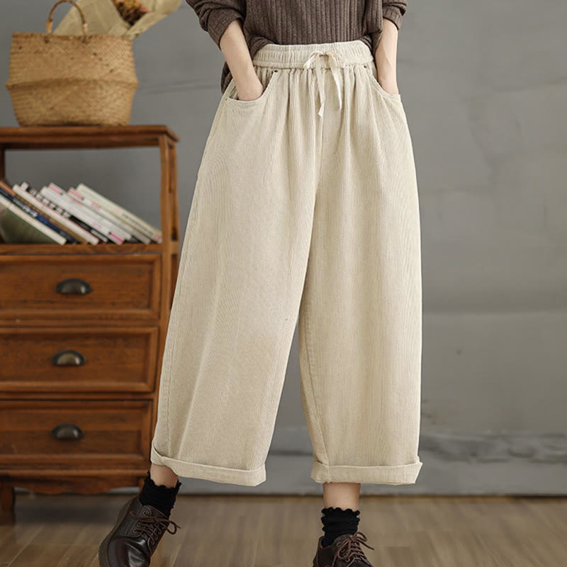 Women's Color Contrast Drawstring Design Corduroy Pants With Pockets