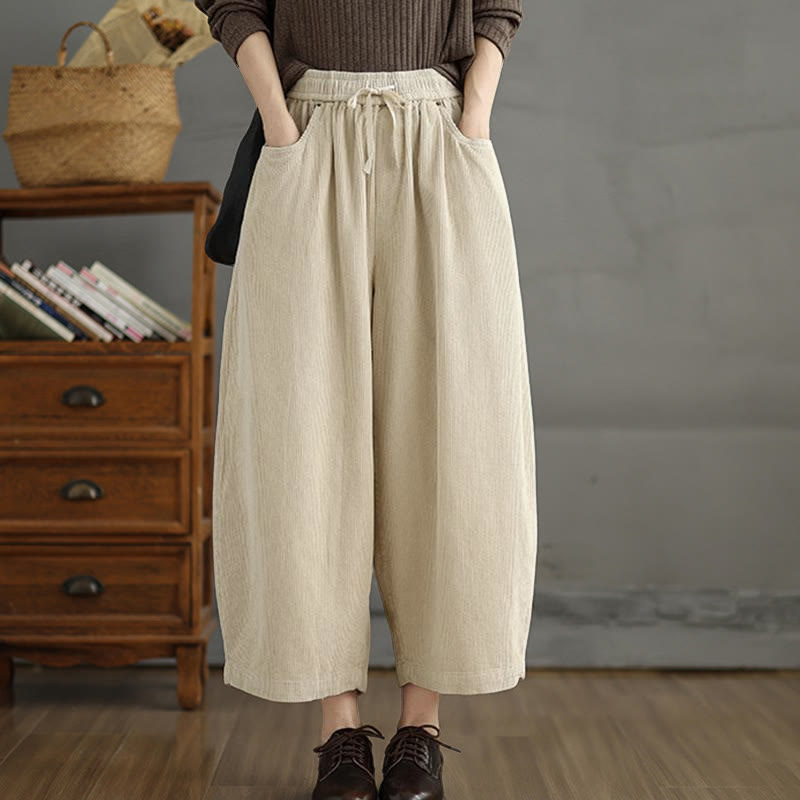 Women's Color Contrast Drawstring Design Corduroy Pants With Pockets