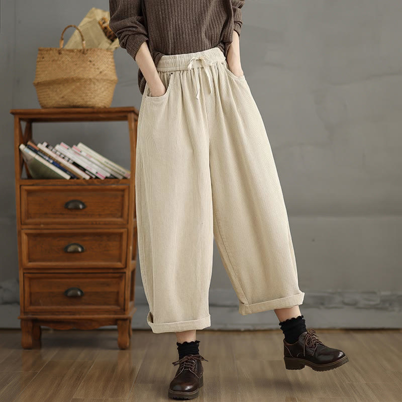 Women's Color Contrast Drawstring Design Corduroy Pants With Pockets
