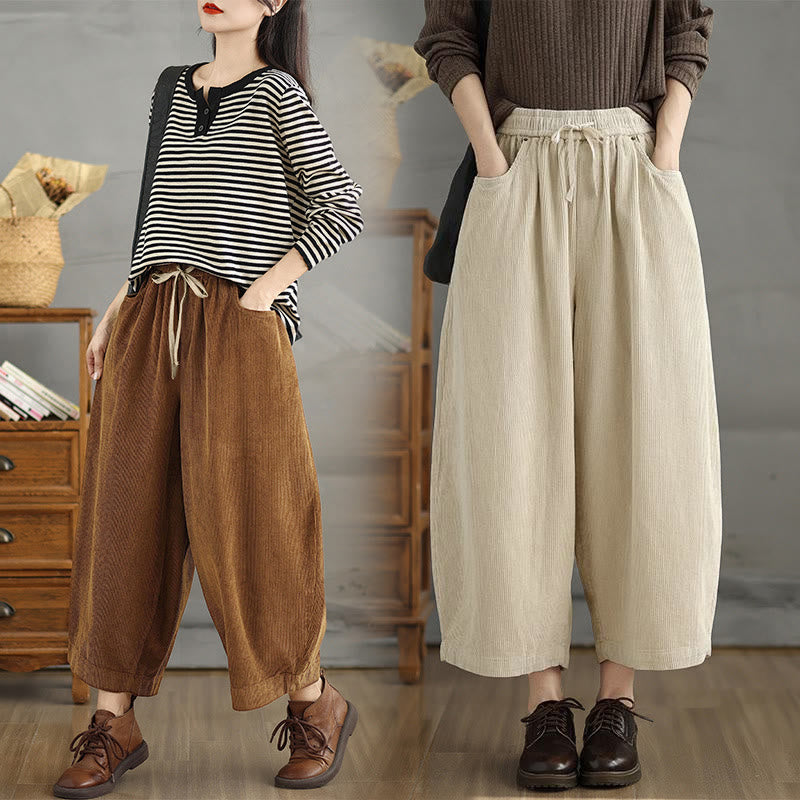 Women's Color Contrast Drawstring Design Corduroy Pants With Pockets