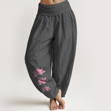 Cotton Lotus Print Pleated Waist Meditation Harem Pants