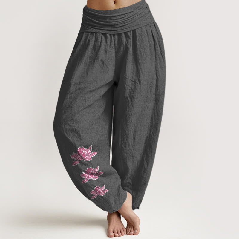 Cotton Lotus Print Pleated Waist Meditation Harem Pants