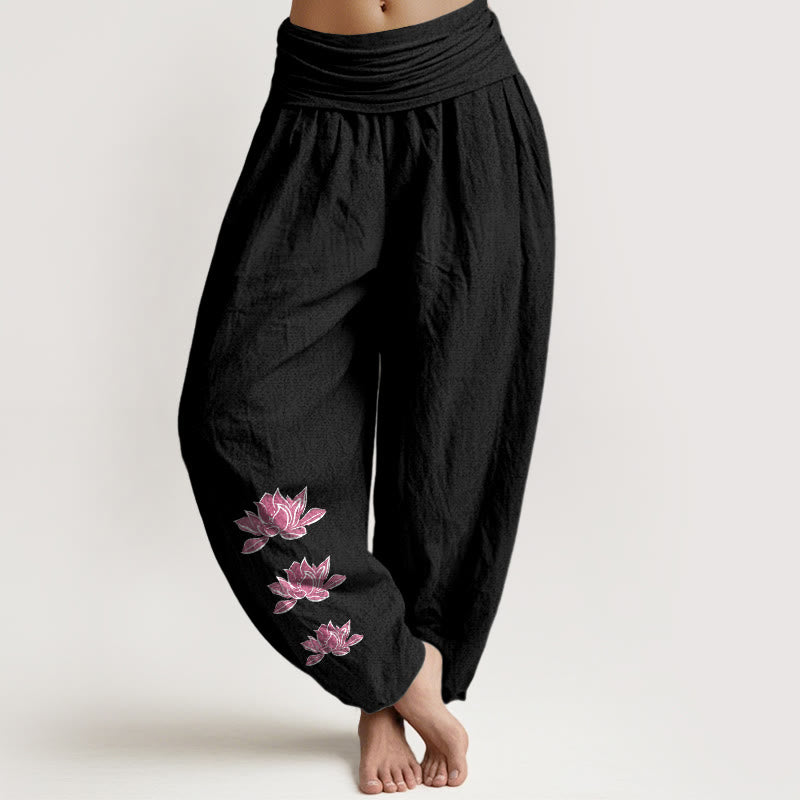 Cotton Lotus Print Pleated Waist Meditation Harem Pants