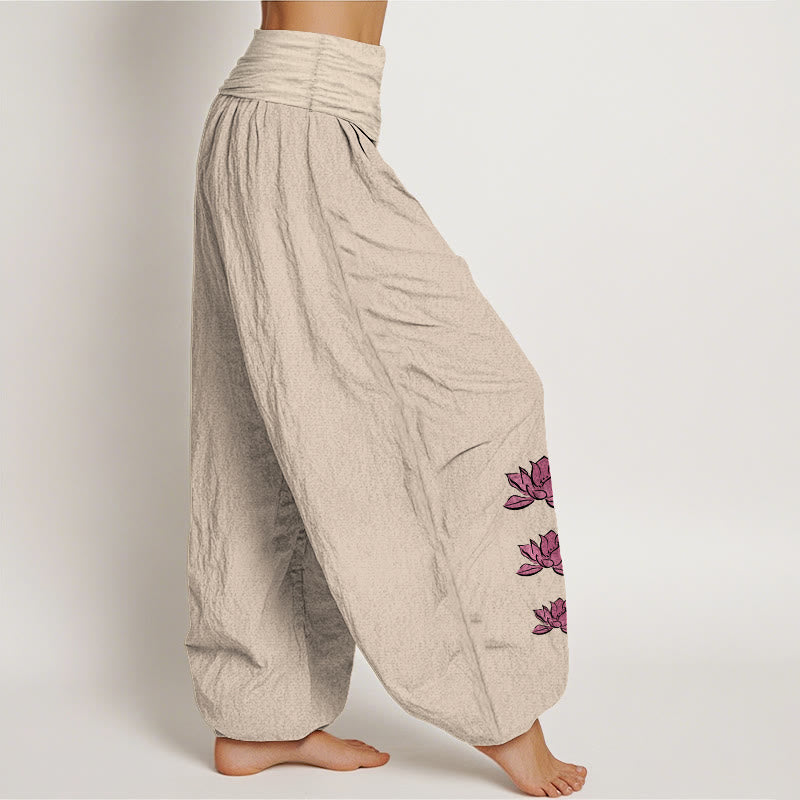 Cotton Lotus Print Pleated Waist Meditation Harem Pants