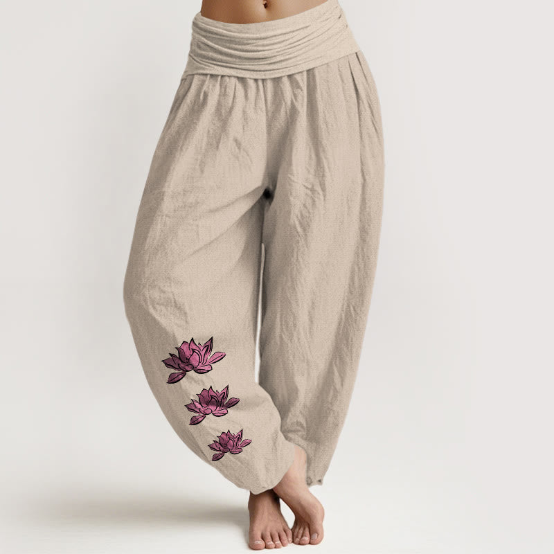 Cotton Lotus Print Pleated Waist Meditation Harem Pants
