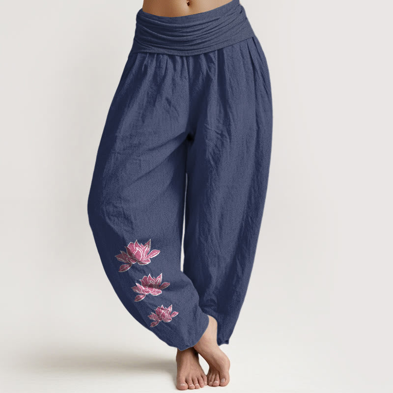 Cotton Lotus Print Pleated Waist Meditation Harem Pants
