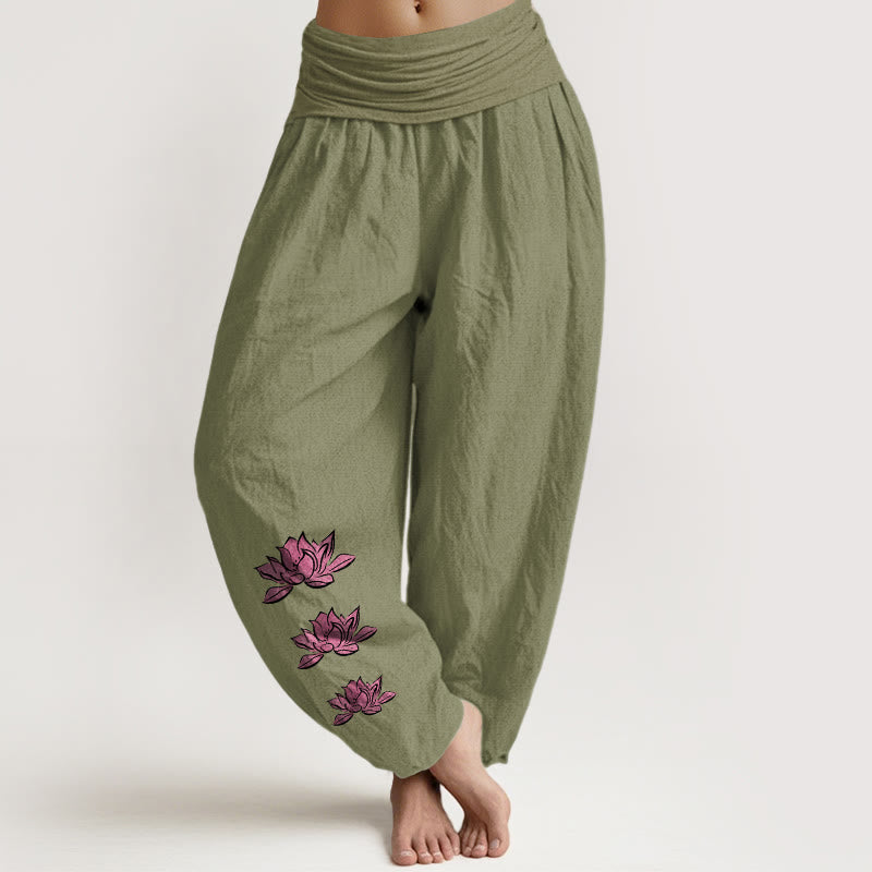 Cotton Lotus Print Pleated Waist Meditation Harem Pants