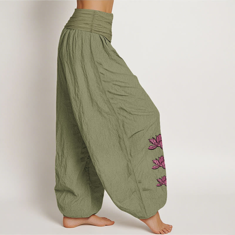 Cotton Lotus Print Pleated Waist Meditation Harem Pants