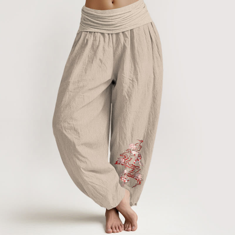 Pure Cotton Lotus Koi Print Mindful Movement Harem Pants