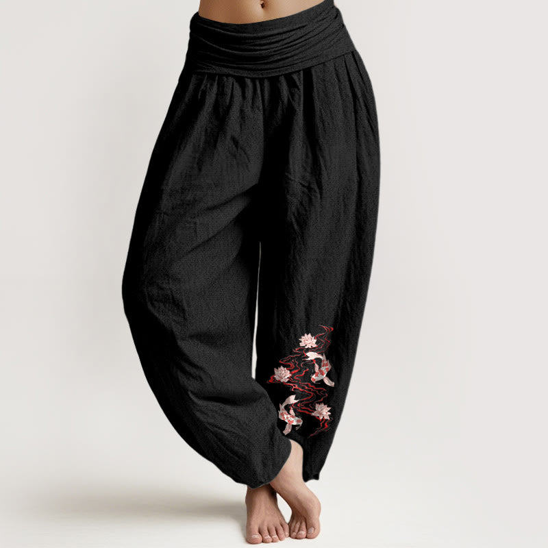 Pure Cotton Lotus Koi Print Mindful Movement Harem Pants