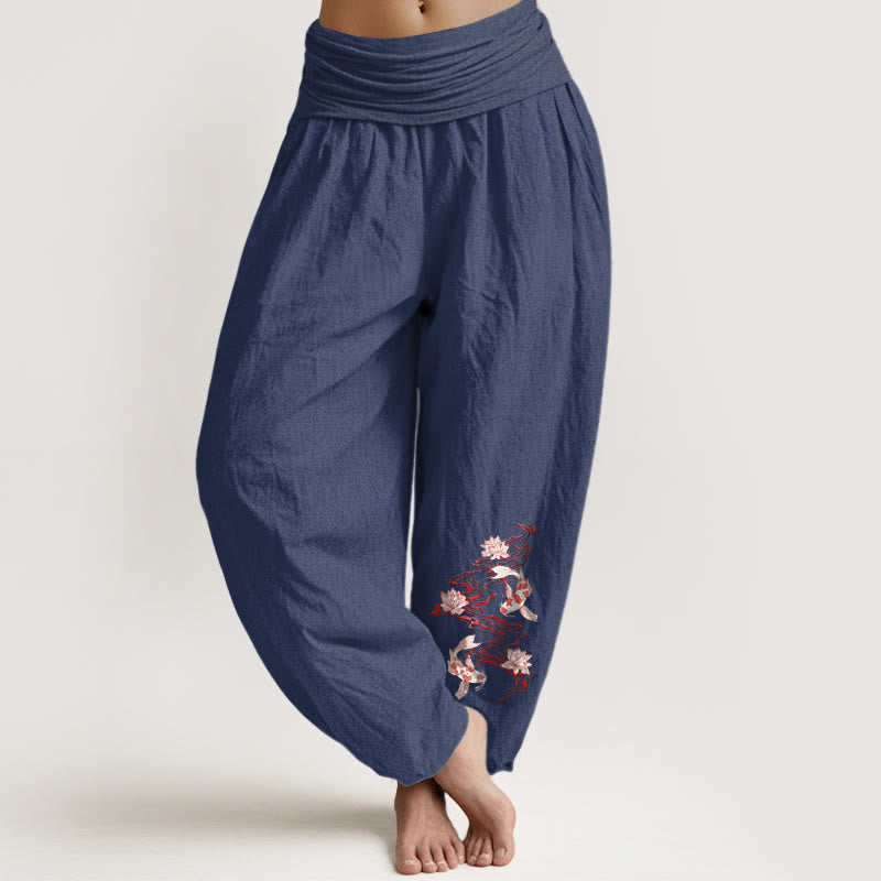 Pure Cotton Lotus Koi Print Mindful Movement Harem Pants