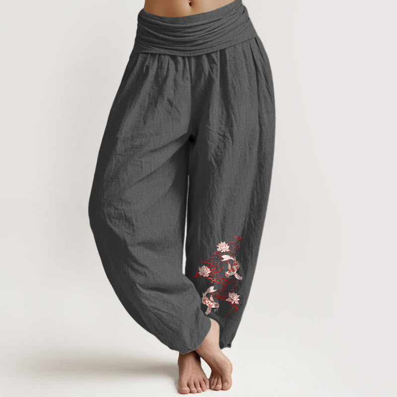 Pure Cotton Lotus Koi Print Mindful Movement Harem Pants