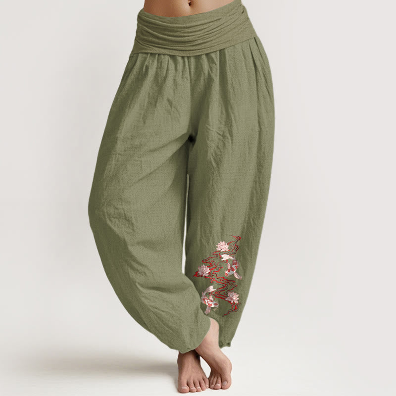 Pure Cotton Lotus Koi Print Mindful Movement Harem Pants