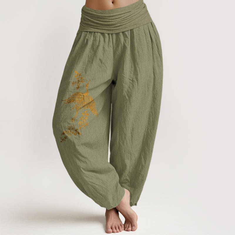 Cotton Crane Print Elastic Waist Meditation Harem Pants