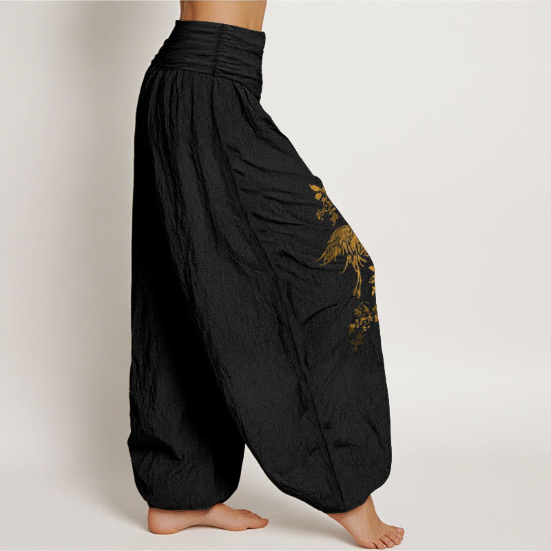 Cotton Crane Print Elastic Waist Meditation Harem Pants
