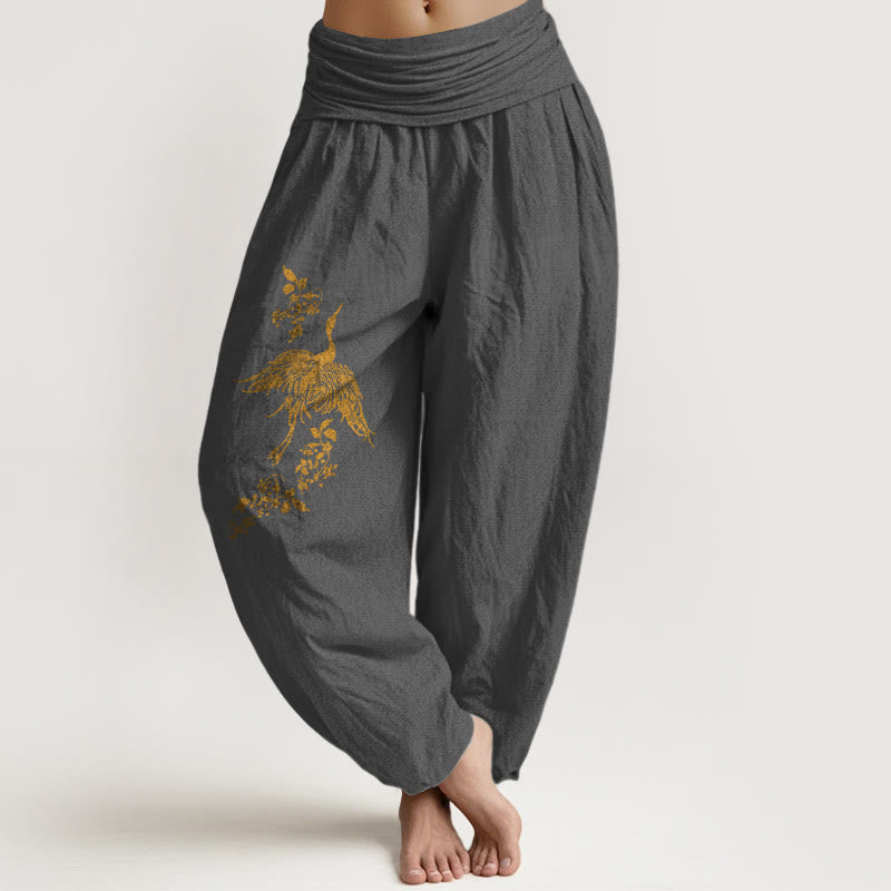 Cotton Crane Print Elastic Waist Meditation Harem Pants