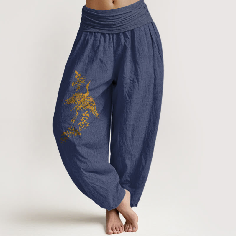 Cotton Crane Print Elastic Waist Meditation Harem Pants