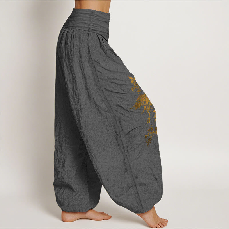 Cotton Crane Print Elastic Waist Meditation Harem Pants