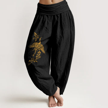 Cotton Crane Print Elastic Waist Meditation Harem Pants