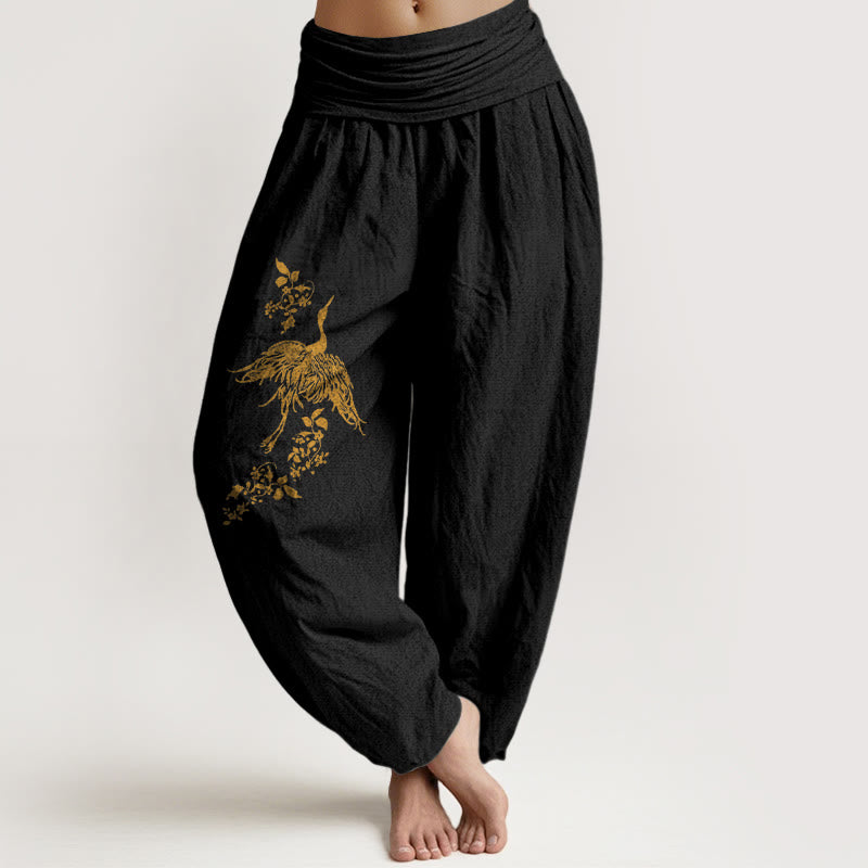 Cotton Crane Print Elastic Waist Meditation Harem Pants