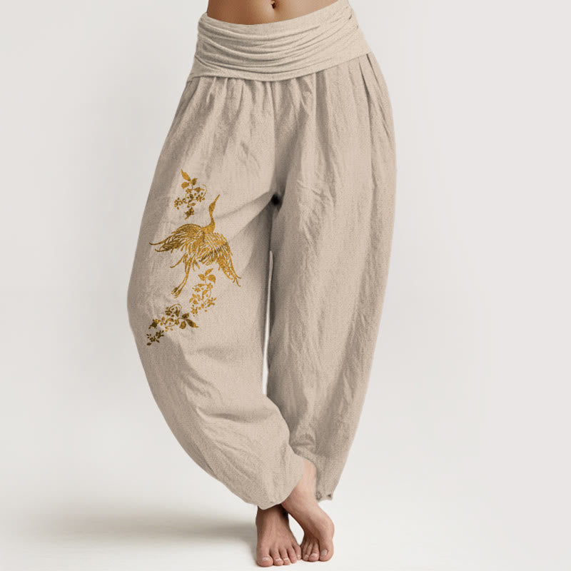 Cotton Crane Print Elastic Waist Meditation Harem Pants