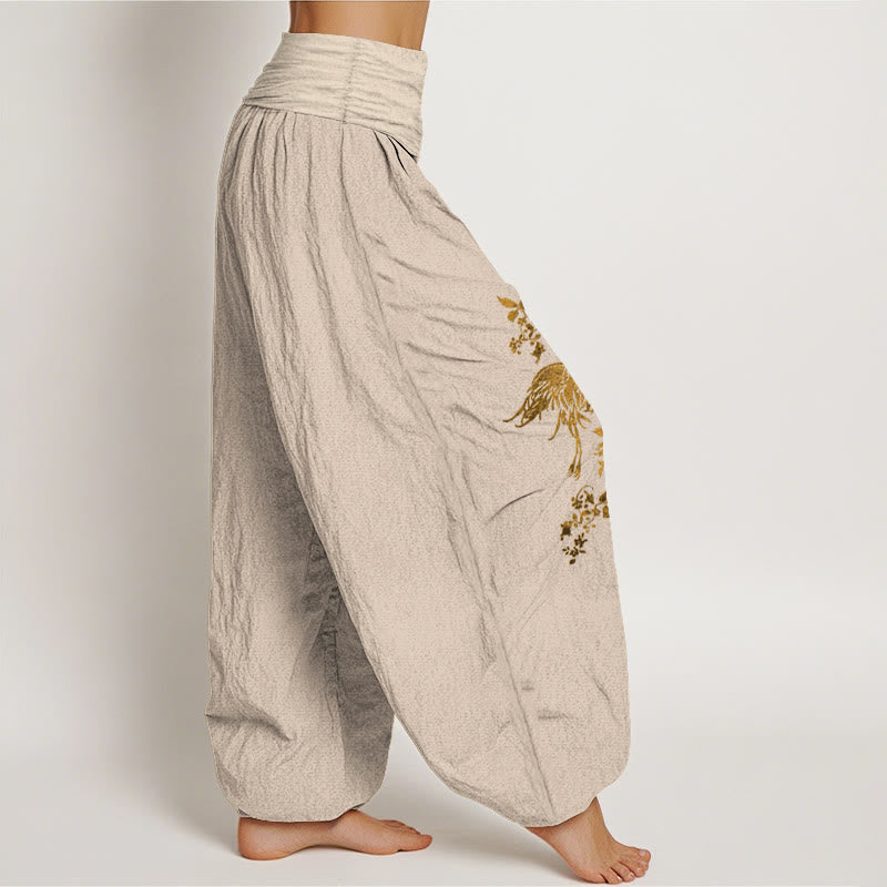 Cotton Crane Print Elastic Waist Meditation Harem Pants