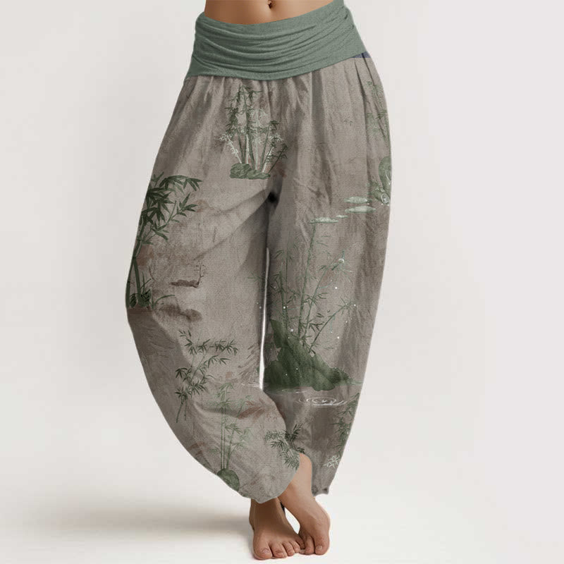 Pure Cotton Casual Bamboo Rock Ink Painting Women's Elastic Waist Harem Pants