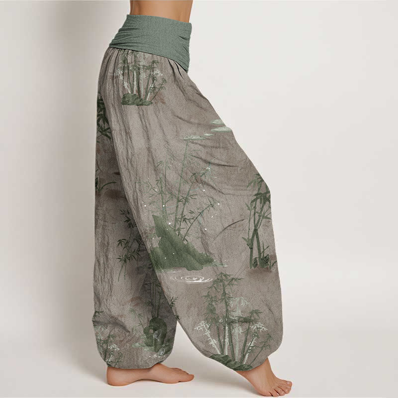 Pure Cotton Casual Bamboo Rock Ink Painting Women's Elastic Waist Harem Pants