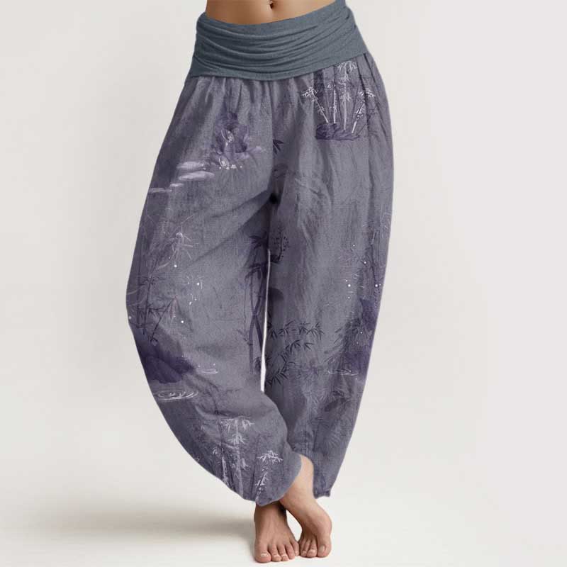 Pure Cotton Casual Bamboo Rock Ink Painting Women's Elastic Waist Harem Pants