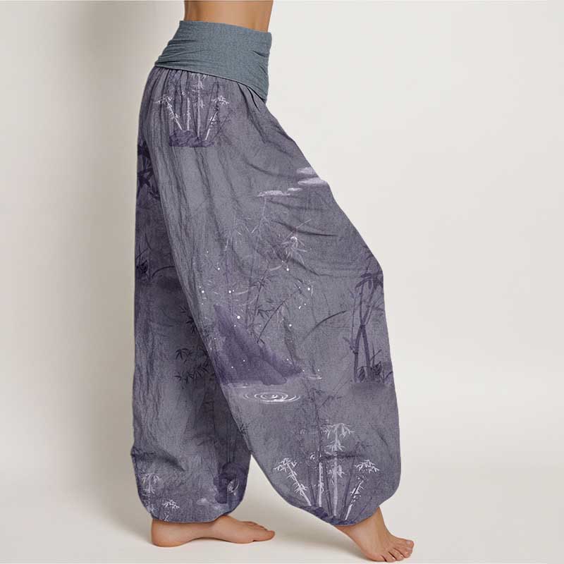Pure Cotton Casual Bamboo Rock Ink Painting Women's Elastic Waist Harem Pants
