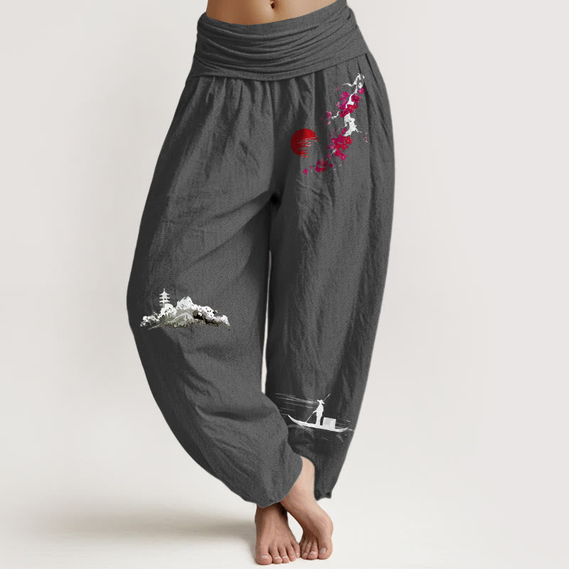 Pure Cotton Landscape Print Elastic Waist Meditation Harem Pants