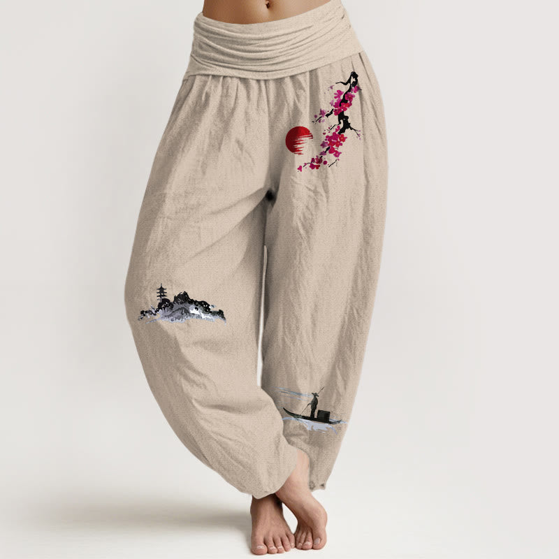Pure Cotton Landscape Print Elastic Waist Meditation Harem Pants
