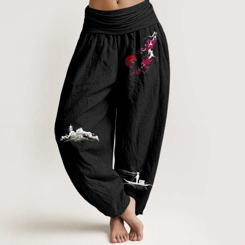 Pure Cotton Landscape Print Elastic Waist Meditation Harem Pants