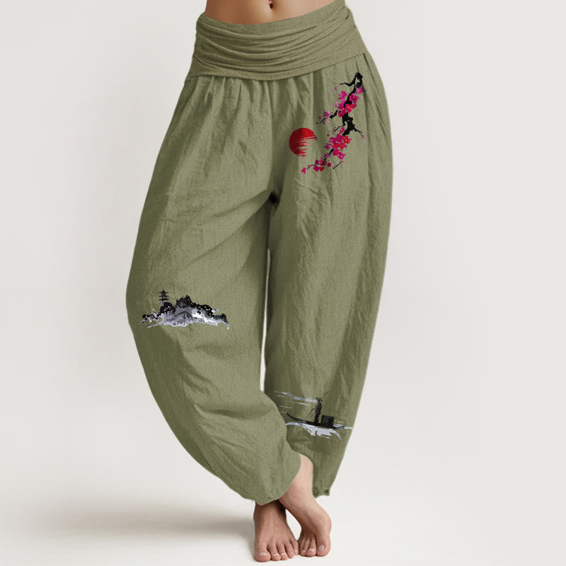 Pure Cotton Landscape Print Elastic Waist Meditation Harem Pants