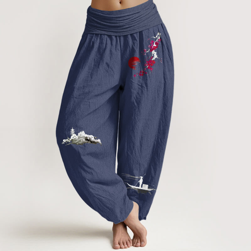 Pure Cotton Landscape Print Elastic Waist Meditation Harem Pants