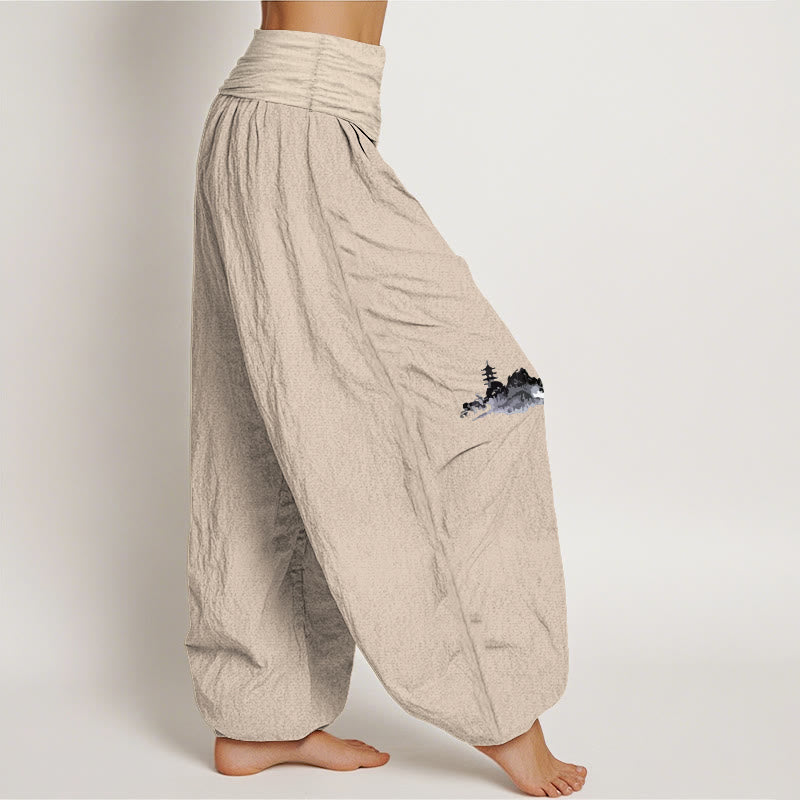 Pure Cotton Landscape Print Elastic Waist Meditation Harem Pants
