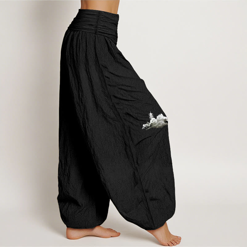 Pure Cotton Landscape Print Elastic Waist Meditation Harem Pants