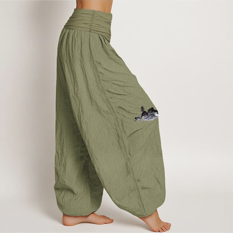 Pure Cotton Landscape Print Elastic Waist Meditation Harem Pants